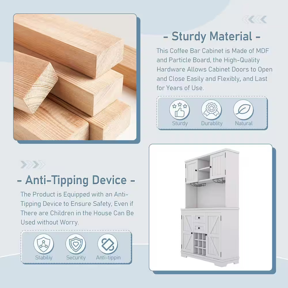 47 In. W X 16 In. D X 74 In. H White Linen Cabinet, Coffee Bar Cabinet Kitchen Cabinet with Storage, Wine Cabinet