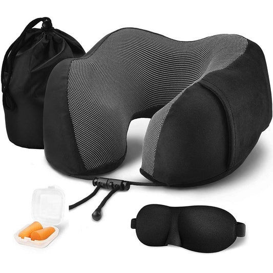 3 Piece Travel Memory Foam Neck Pillow with Storage Bag Eyemask and Earplugs, for Airplane Sleeping, Black