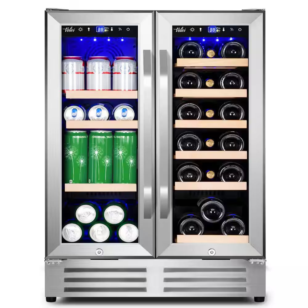 24 In.Dual Zone 18-Wine Bottles and 88-Can Built-In and Freestanding with French Door Beverage Cooler in Stainless Steel