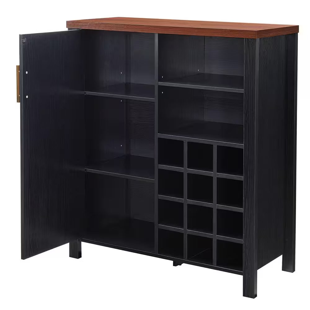 Signaturehome Marcy Black/Walnut Finish 41 In. H Wine Bar Storage Cabinet with 12 Bottle Capacity. (36Lx15Wx41H)
