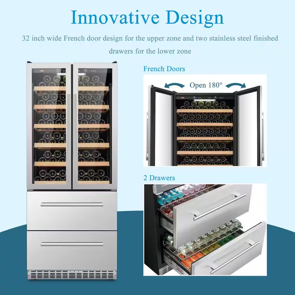 32 In. Dual Zone 168-Wine Bottles and 300-Cans Double French Doors Beverage and Wine Cooler in Seamless Stainless Steel