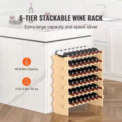 48-Bottle Stackable 6-Tier Bamboo Wine Rack, Freestanding for Kitchen, Bar, Cellar(Natural Color)