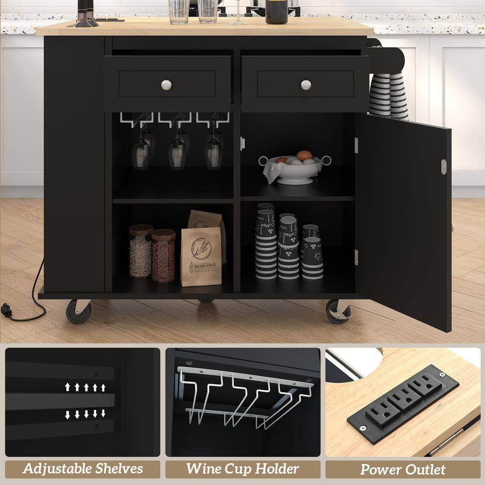 Rolling Black Drop Leaf Rubber Wood Tabletop 40 In. Kitchen Island with Power Outlet, Wine Rack and Adjustable Shelves