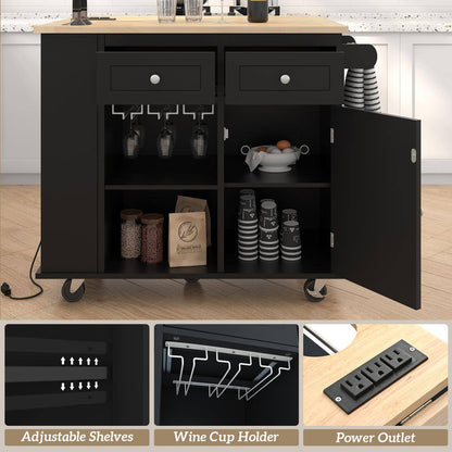 Rolling Black Drop Leaf Rubber Wood Tabletop 40 In. Kitchen Island with Power Outlet, Wine Rack and Adjustable Shelves
