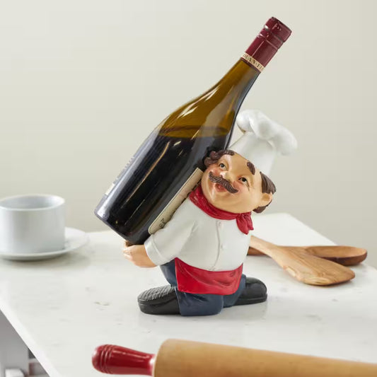 1-Bottle White Kitchen Decorative Figurine Chef Wine Holder with Red Accents