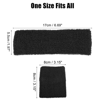 3 Pcs Sport Headband Wristband Stretchy Cotton Blend Sweat Absorbing Black