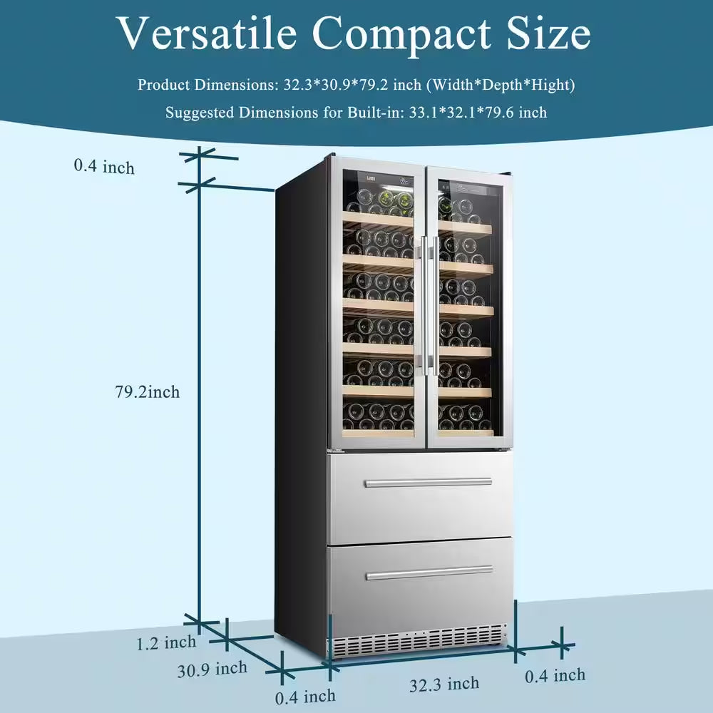 32 In. Dual Zone 168-Wine Bottles and 300-Cans Double French Doors Beverage and Wine Cooler in Seamless Stainless Steel