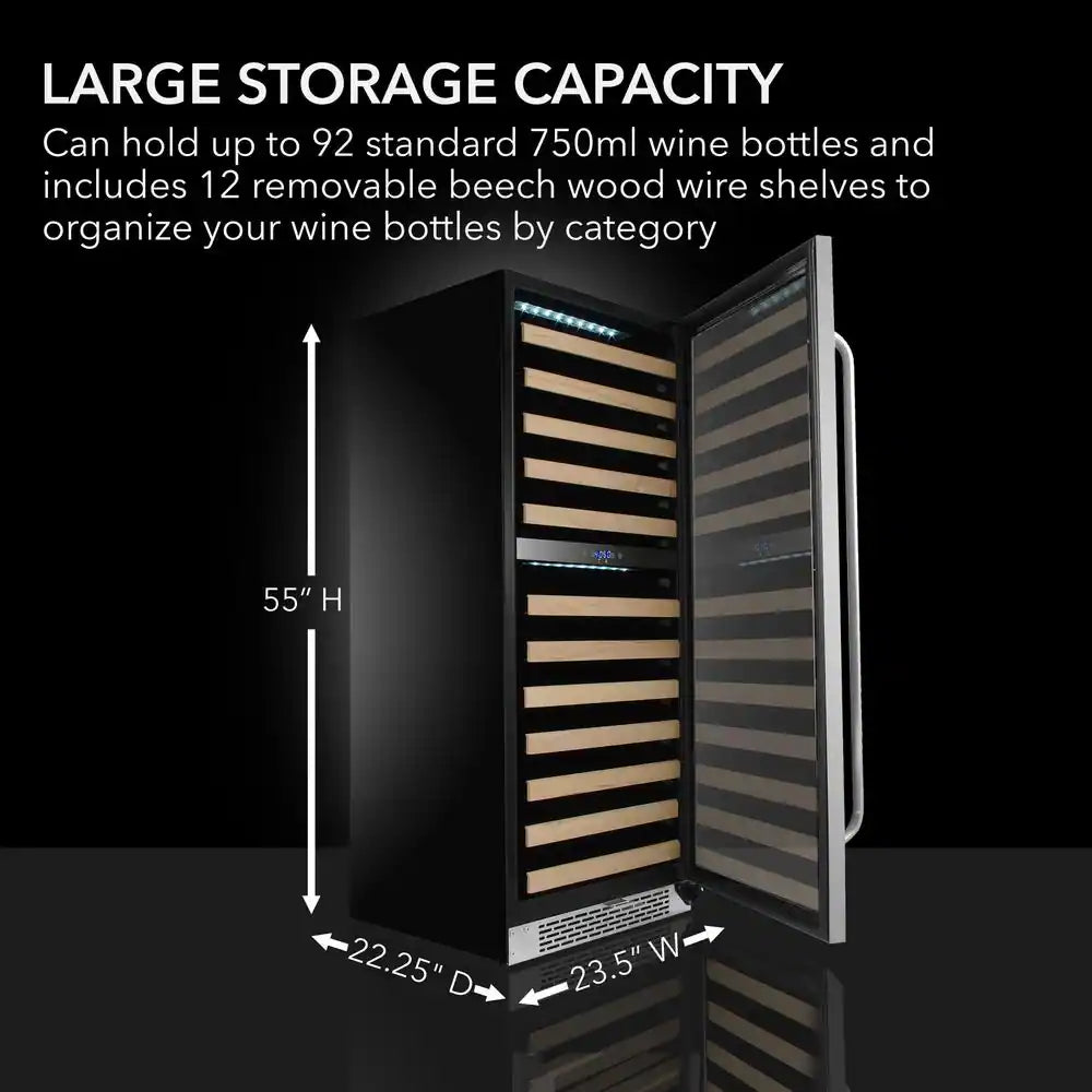 24 In. Dual Zone 92-Bottle Wine Cooler Fridge with Display Rack Built-In Stainless Steel UV Protection Glass Door