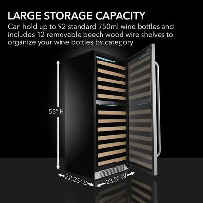 24 In. Dual Zone 92-Bottle Wine Cooler Fridge with Display Rack Built-In Stainless Steel UV Protection Glass Door