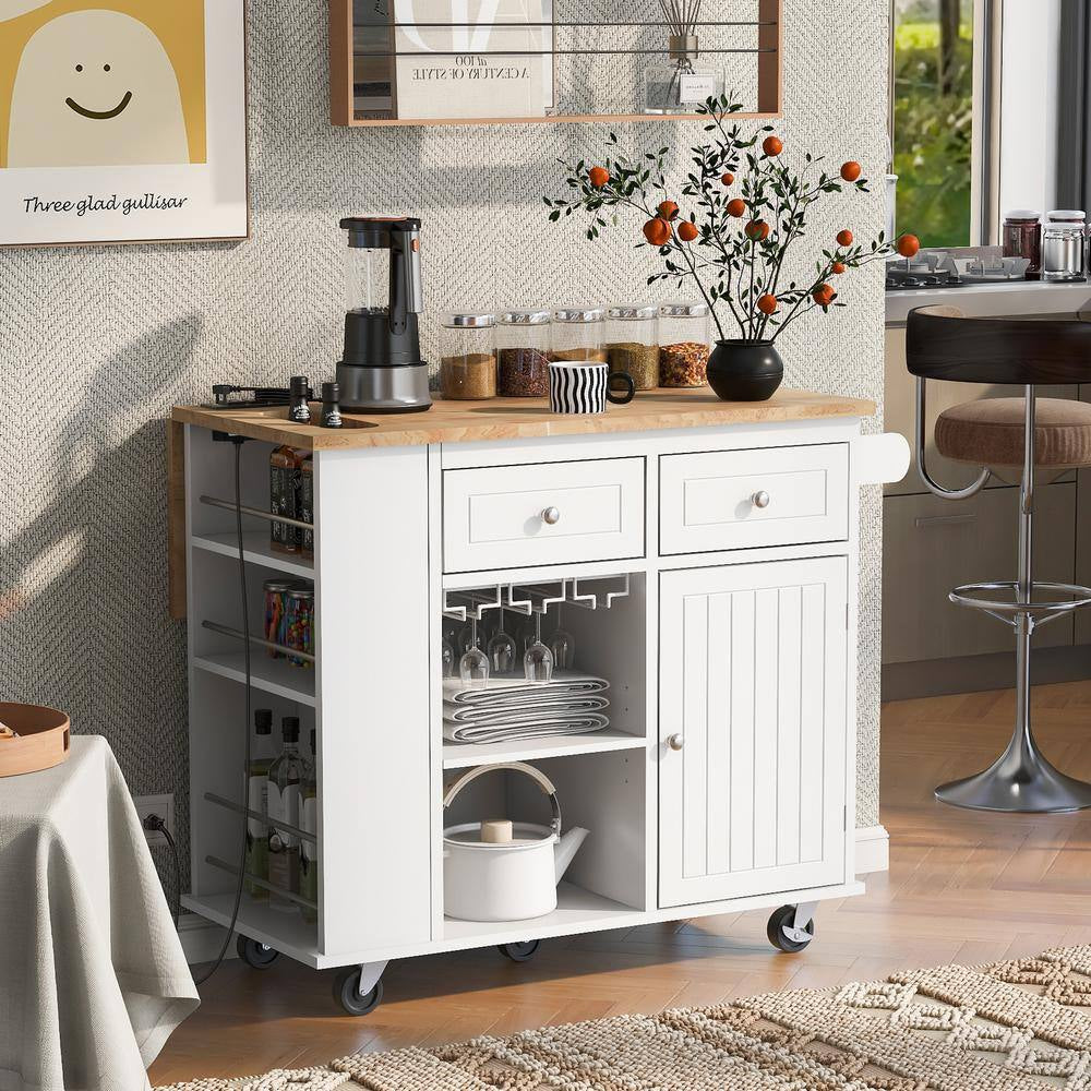 White Rubberwood Tabletop Drop Leaf 39.8 In. Kitchen Island Cart with Power Outlet Open Storage and Wine Rack