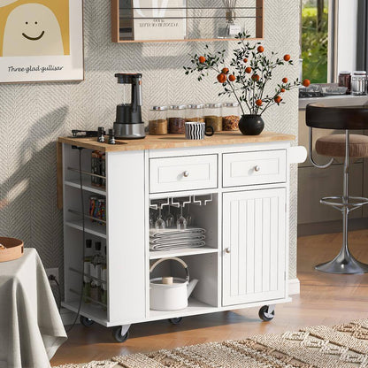 White Rubberwood Tabletop Drop Leaf 39.8 In. Kitchen Island Cart with Power Outlet Open Storage and Wine Rack