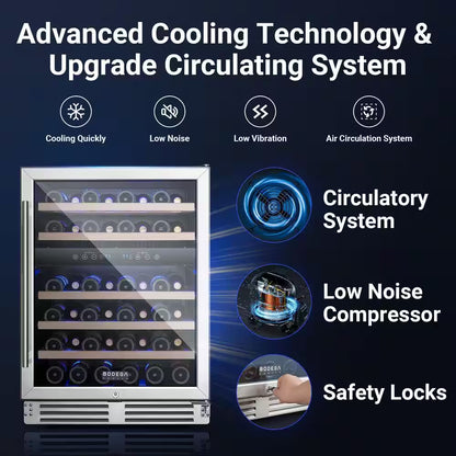 24 In. Dual Zone 46-Wine Bottles Beverage & Wine Cooler with Double-Layer Tempered Reversible Door in Stainless Steel