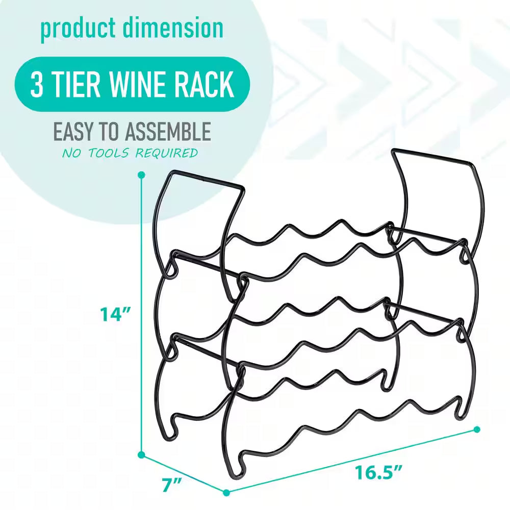 3-Tier Black Stackable Wine Rack-Classic Style Metal Wine Racks for Bottles-Hold 12 Bottles