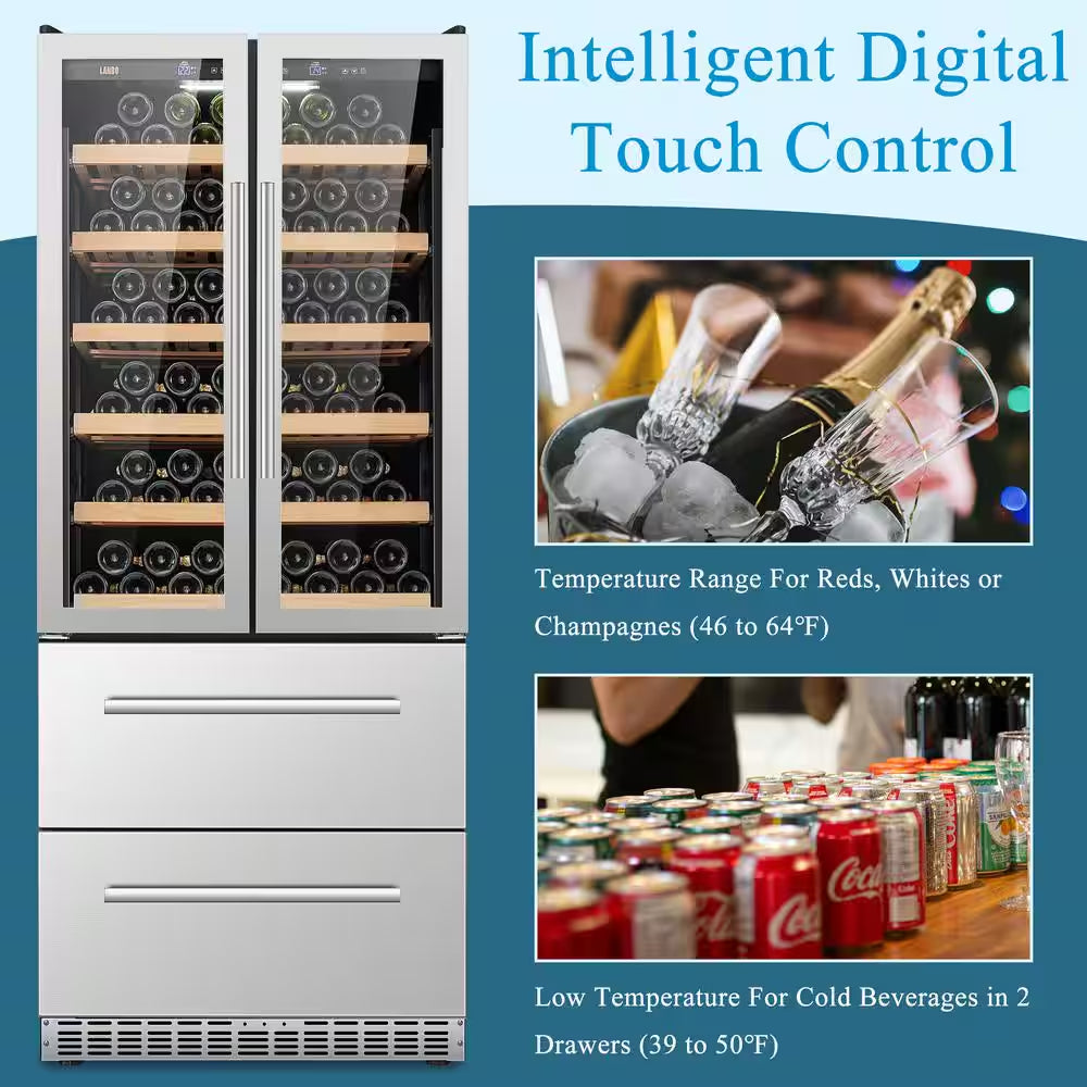 32 In. Dual Zone 168-Wine Bottles and 300-Cans Double French Doors Beverage and Wine Cooler in Seamless Stainless Steel