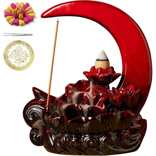 Red Ceramic Waterfall Incense Burner with 90-Incense Pieces