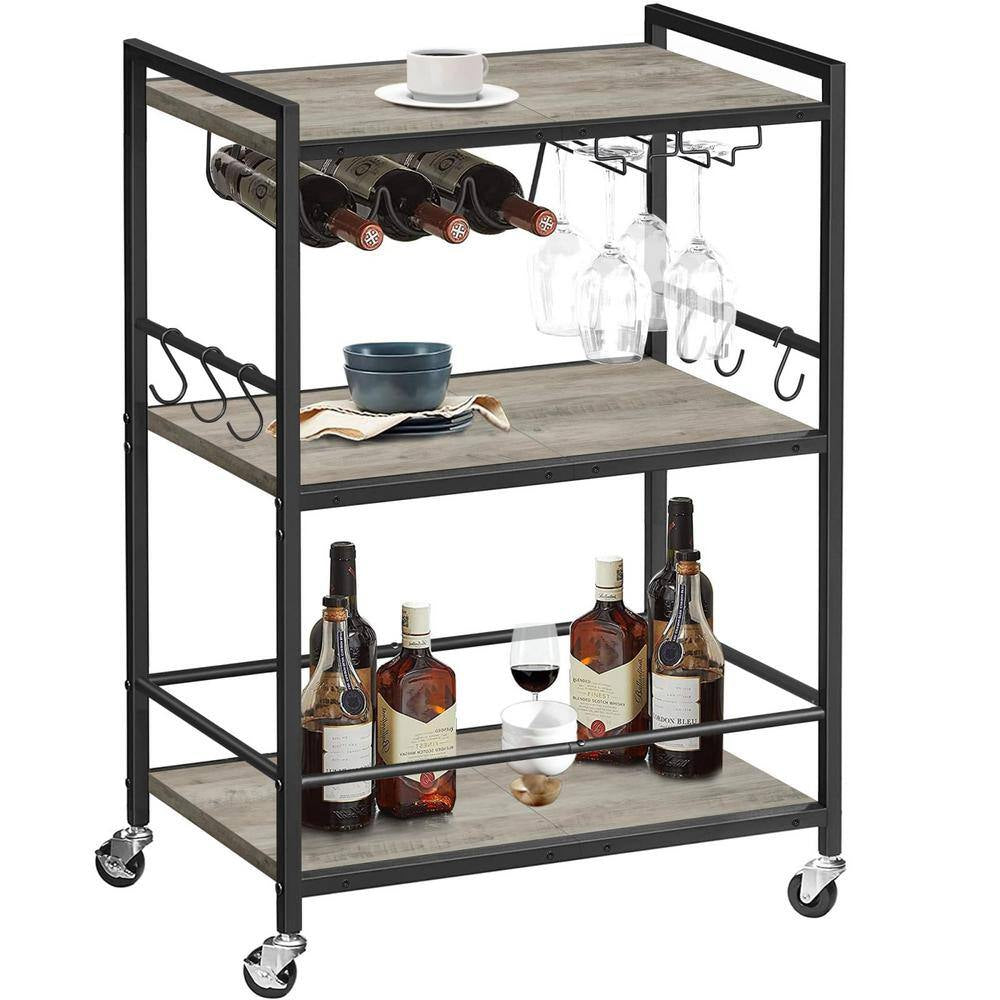 3-Tier Greige Metal Serving Cart with Wood Shelf, Hooks, Wine Rack and Glass Holder