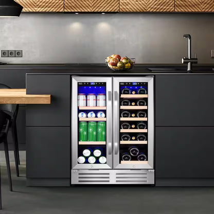 24 In.Dual Zone 18-Wine Bottles and 88-Can Built-In and Freestanding with French Door Beverage Cooler in Stainless Steel