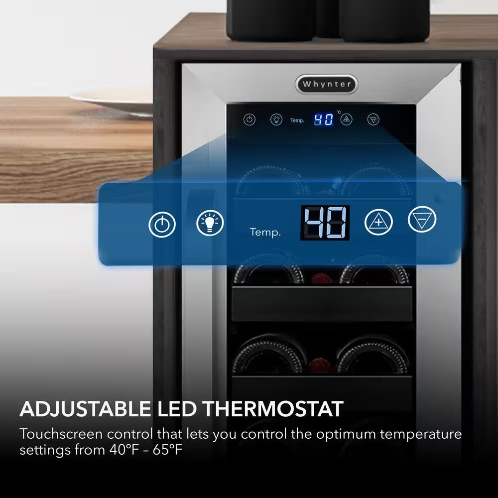 12 In. 20-Bottle Wine Cooler Fridge Built-In, Freestanding, or Undercounter Stainless Steel Glass Door Carbon Filter