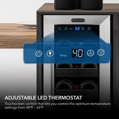 12 In. 20-Bottle Wine Cooler Fridge Built-In, Freestanding, or Undercounter Stainless Steel Glass Door Carbon Filter