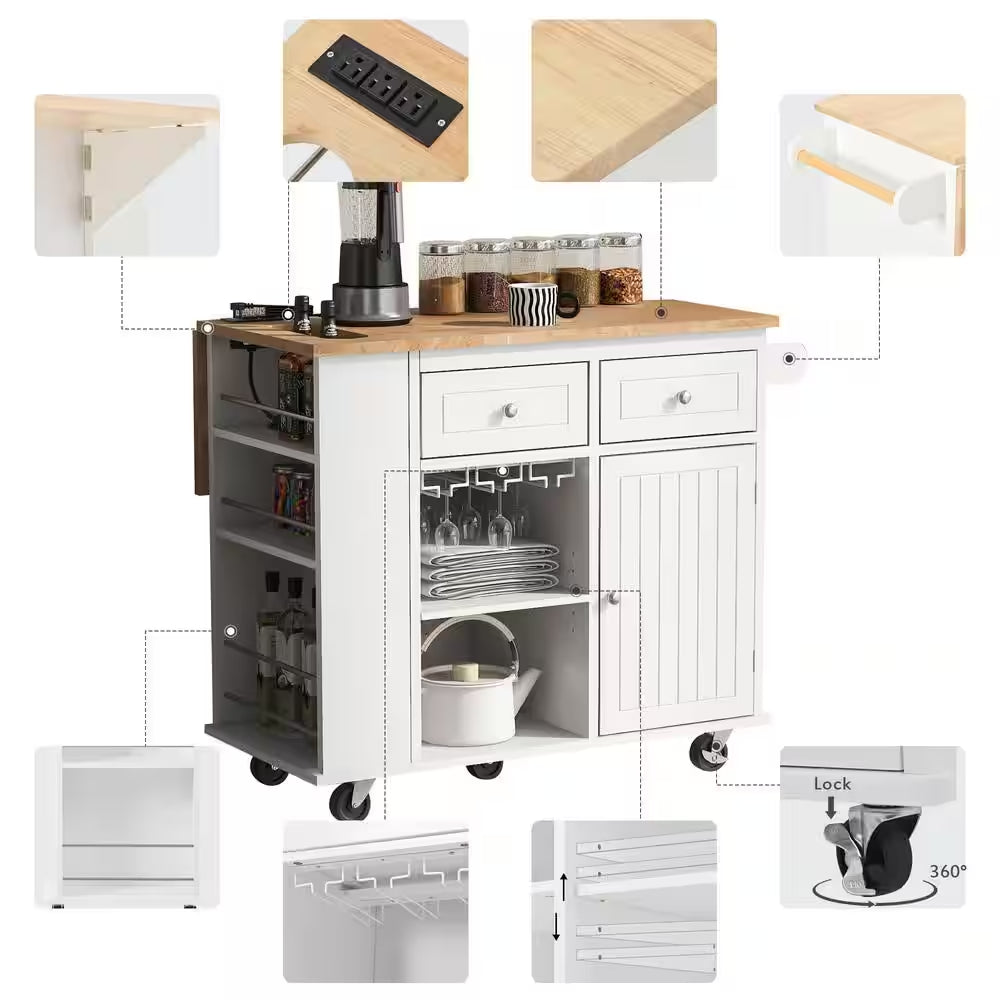 White Rubberwood Tabletop Drop Leaf 39.8 In. Kitchen Island Cart with Power Outlet Open Storage and Wine Rack
