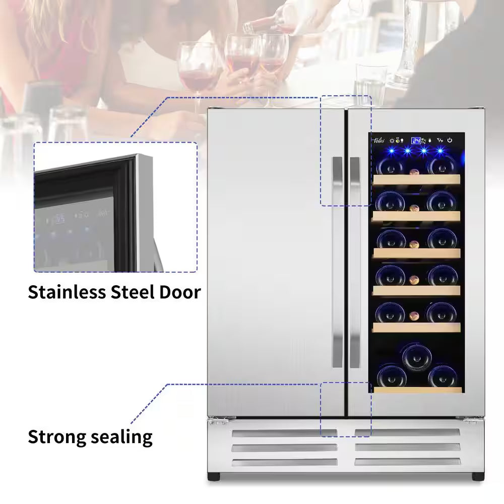 24 In.Dual Zone 20-Wine Bottles and 88-Can Built-In and Freestanding with French Door Beverage Cooler in Stainless Steel