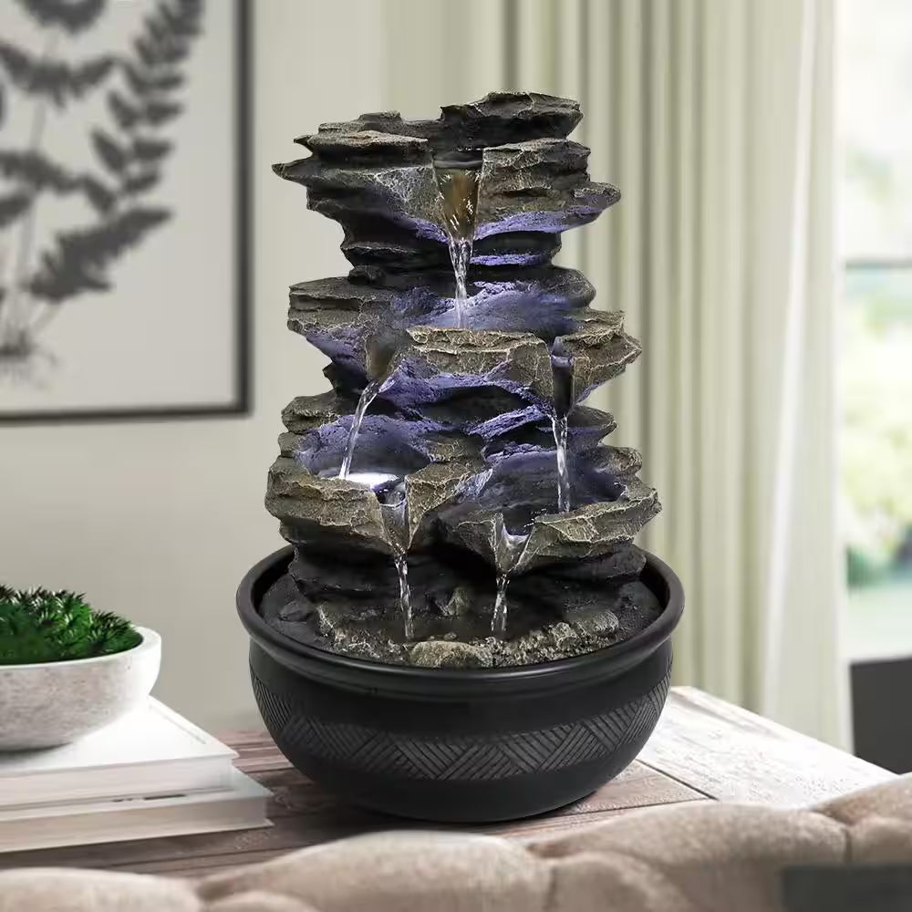 Resin Tabletop Fountain - 11.4 In. 4-Tiered Resin-Rock Fountain Indoor with LED Lights for House, Home, Office Decor