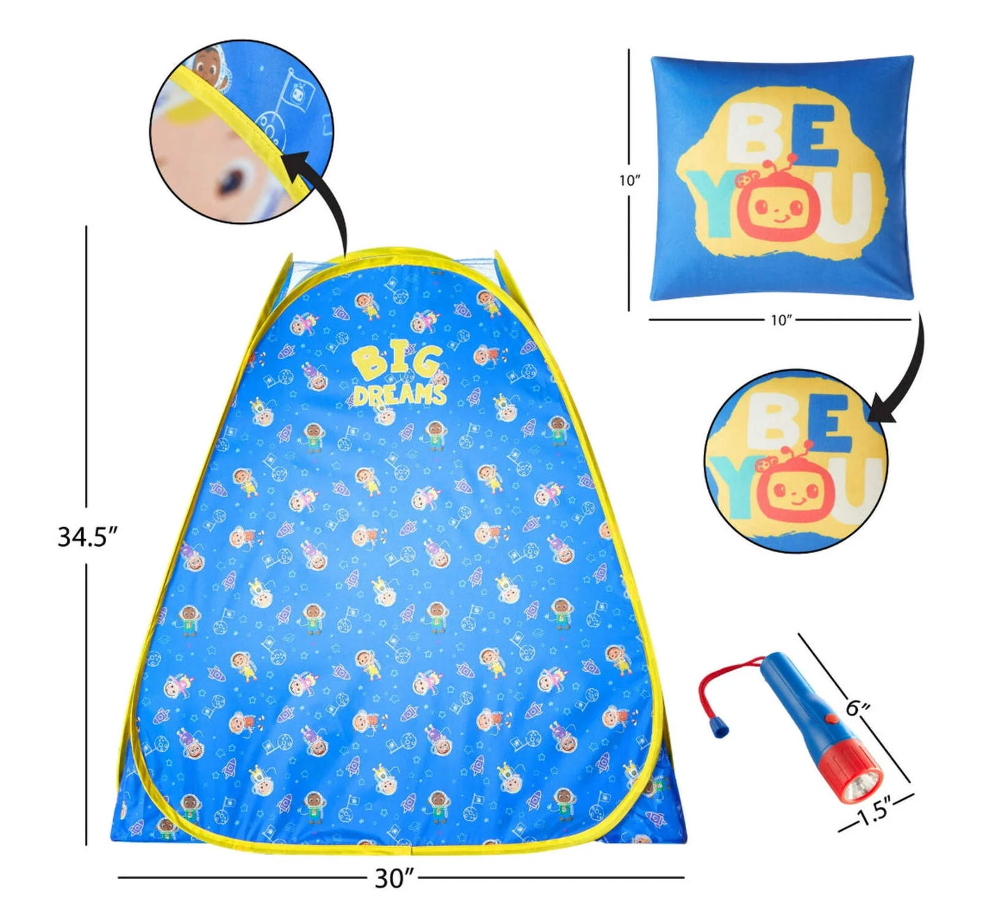 3Pc Tent Set with Pillow and Flashlight, Blue, Unisex, Toddler