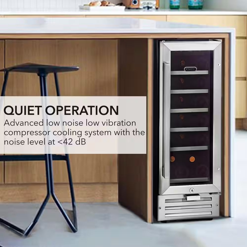 12 In. Single Zone 18 Bottles Undercounter Built-In Wine Cooler Refrigerator W/ Lock Stainless Steel LED