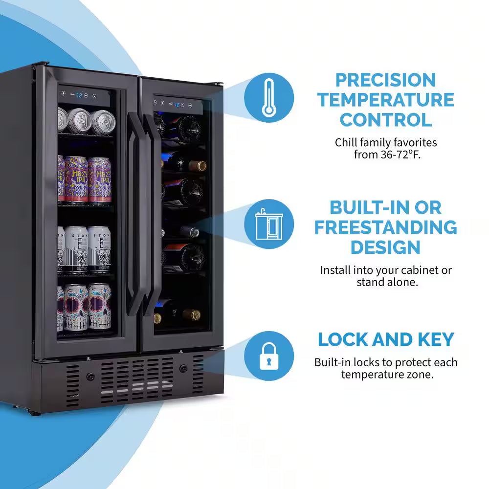 24 In.18 Bottles 60 Cans Built-In Dual Zone Beverage and Wine Cooler in Black Stainless Steel with French Doors and Lock