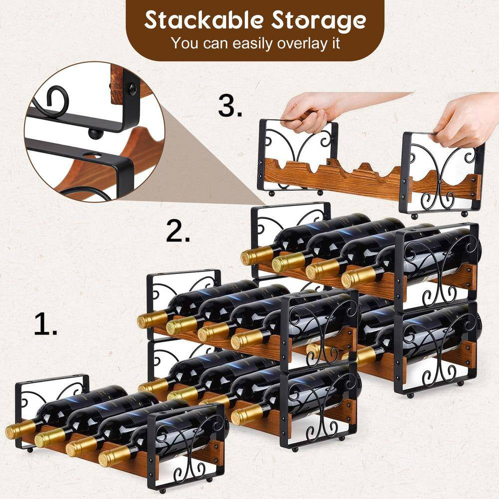 12-Bottle Black and Brown Countertop Wine Rack, Stackable Wine Organizer, 3-Tier Freestanding Wine Bottle Holder