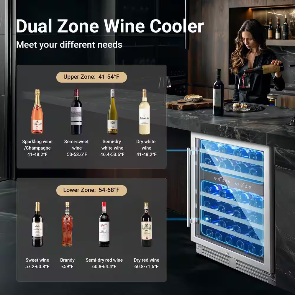 24 In. Dual Zone 46-Wine Bottles Beverage & Wine Cooler with Double-Layer Tempered Reversible Door in Stainless Steel