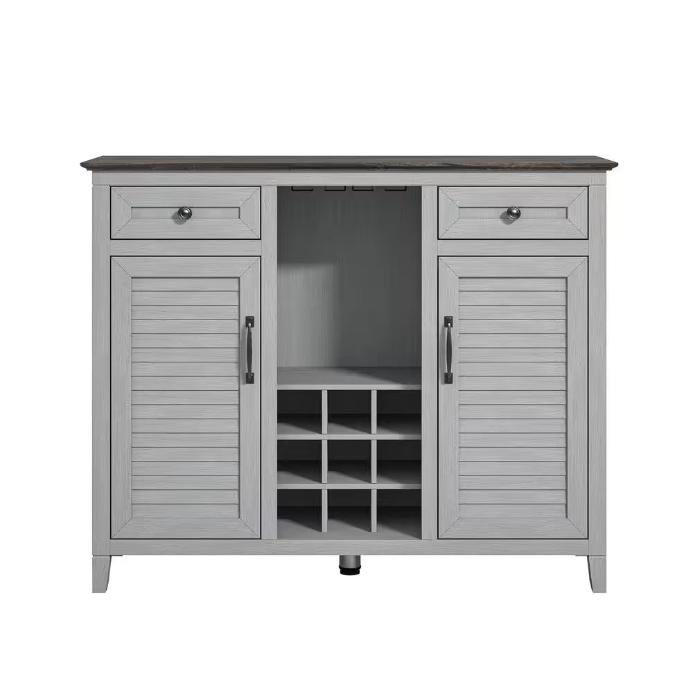 Scandinavian 47 In. Gray Wine Cabinet with Textured Patterns Door and Wooden Pattern Countertop
