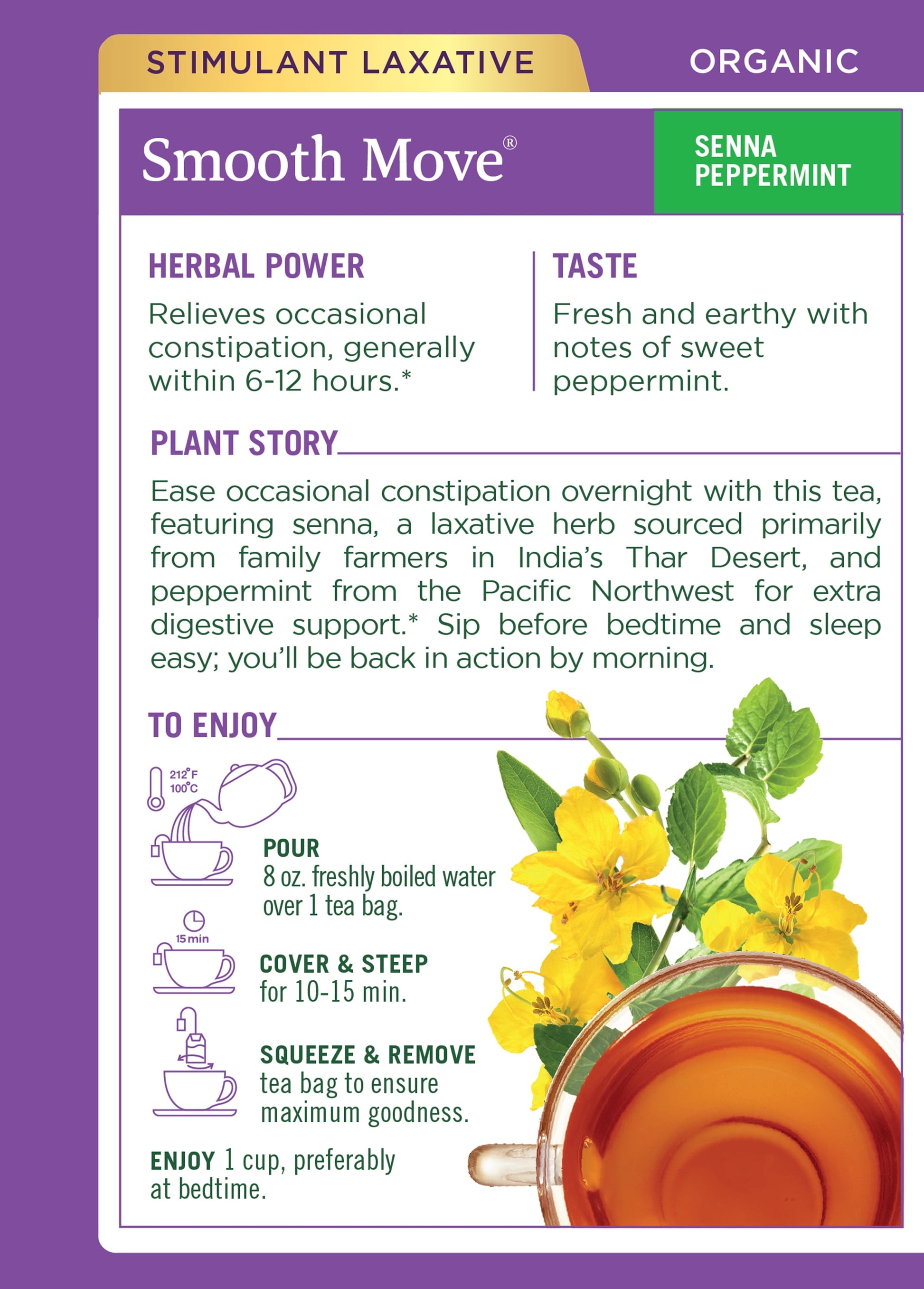 , Organic Smooth Move Tea Bags, Peppermint, 16 Count