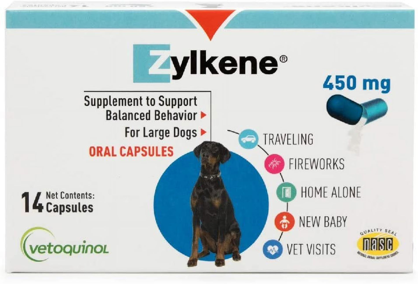 Zylkene Calming Behavior Support Supplement, Helps Promote Relaxation and Reduce External Stress Factors, Daily Behavioral Support and Anxiety Relief, Dog or Cat, 65Lbs+, 450Mg, 30Ct