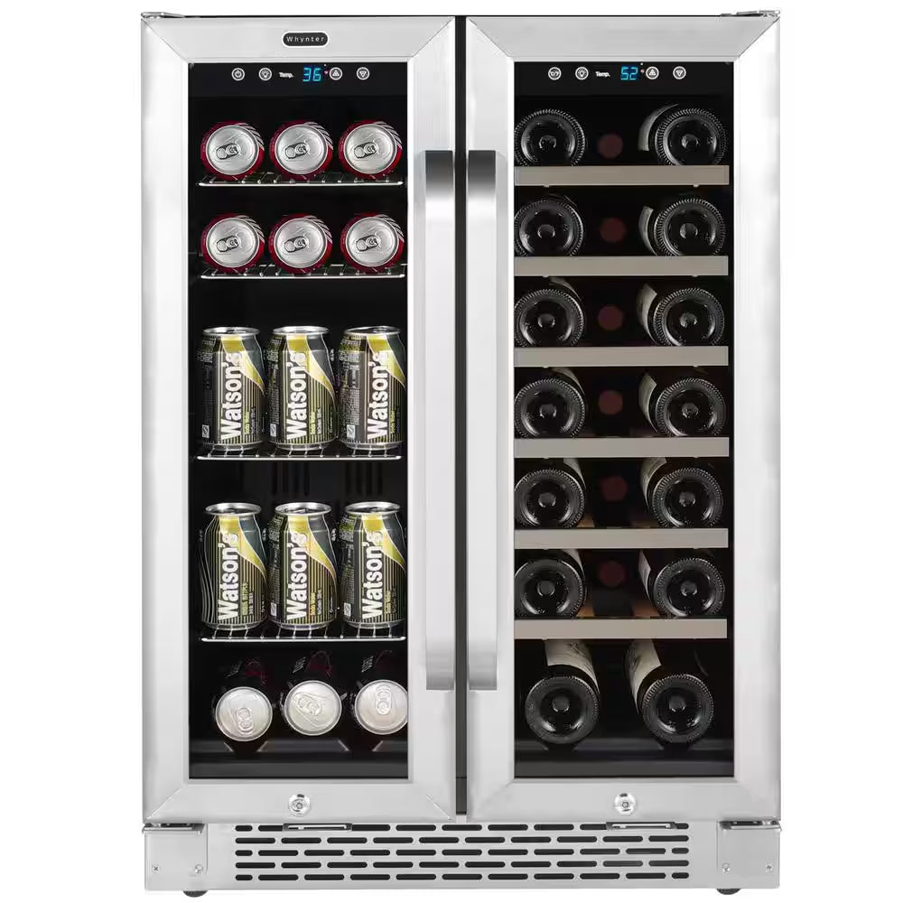 24 In. Dual Zone under Counter Wine and Beverage Cooler Fridge French Doors with Lock, Stainless Steel UV Protection