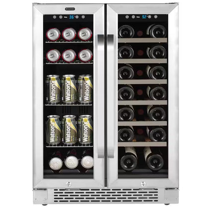 24 In. Dual Zone under Counter Wine and Beverage Cooler Fridge French Doors with Lock, Stainless Steel UV Protection
