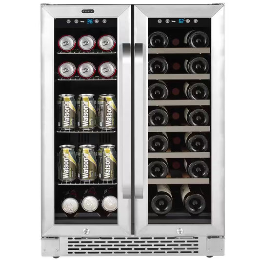 24 In. Dual Zone under Counter Wine and Beverage Cooler Fridge French Doors with Lock, Stainless Steel UV Protection