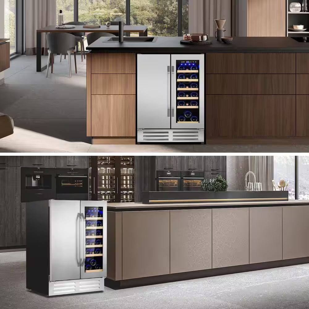 24 In.Dual Zone 20-Wine Bottles and 88-Can Built-In and Freestanding with French Door Beverage Cooler in Stainless Steel