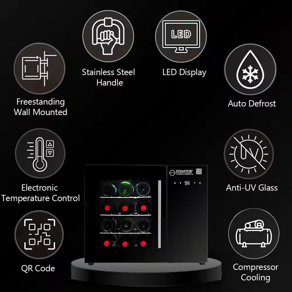 22In. Single Temperature Zone 12-Bottles Countertop/Wall-Mounted Beverage and Wine Cooler Black with anti UV Glass Door