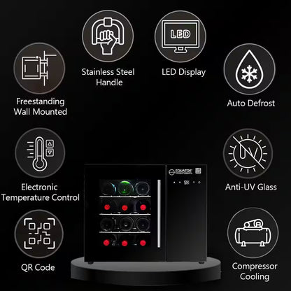 22In. Single Temperature Zone 12-Bottles Countertop/Wall-Mounted Beverage and Wine Cooler Black with anti UV Glass Door