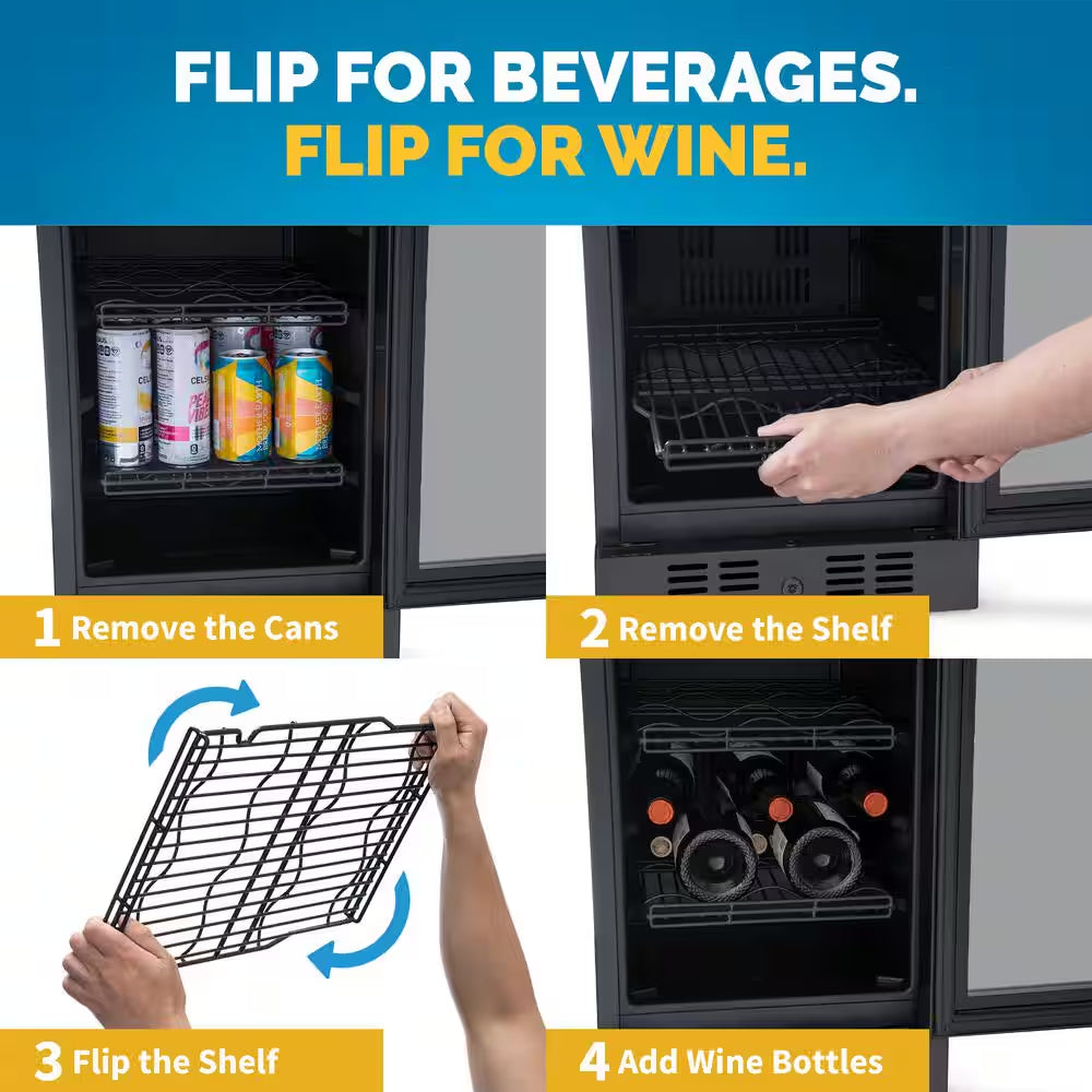 15 In. Flipshelf 33 Wine Bottles & 80 Cans Reversible Shelves Built-In Beverage and Wine Cooler in Black Stainless Steel