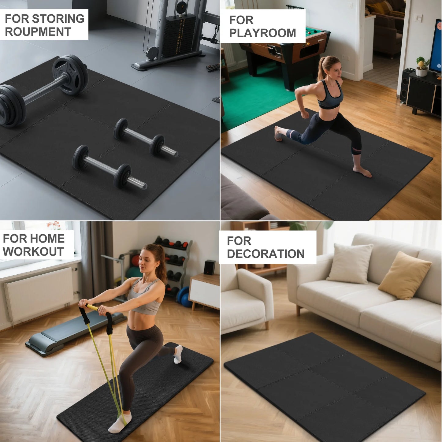 1/2 In. Thick Flooring Puzzle Exercise Mat with High Quality EVA Foam Interlocking Tiles, 6 Piece, 24 Sq Ft. Black