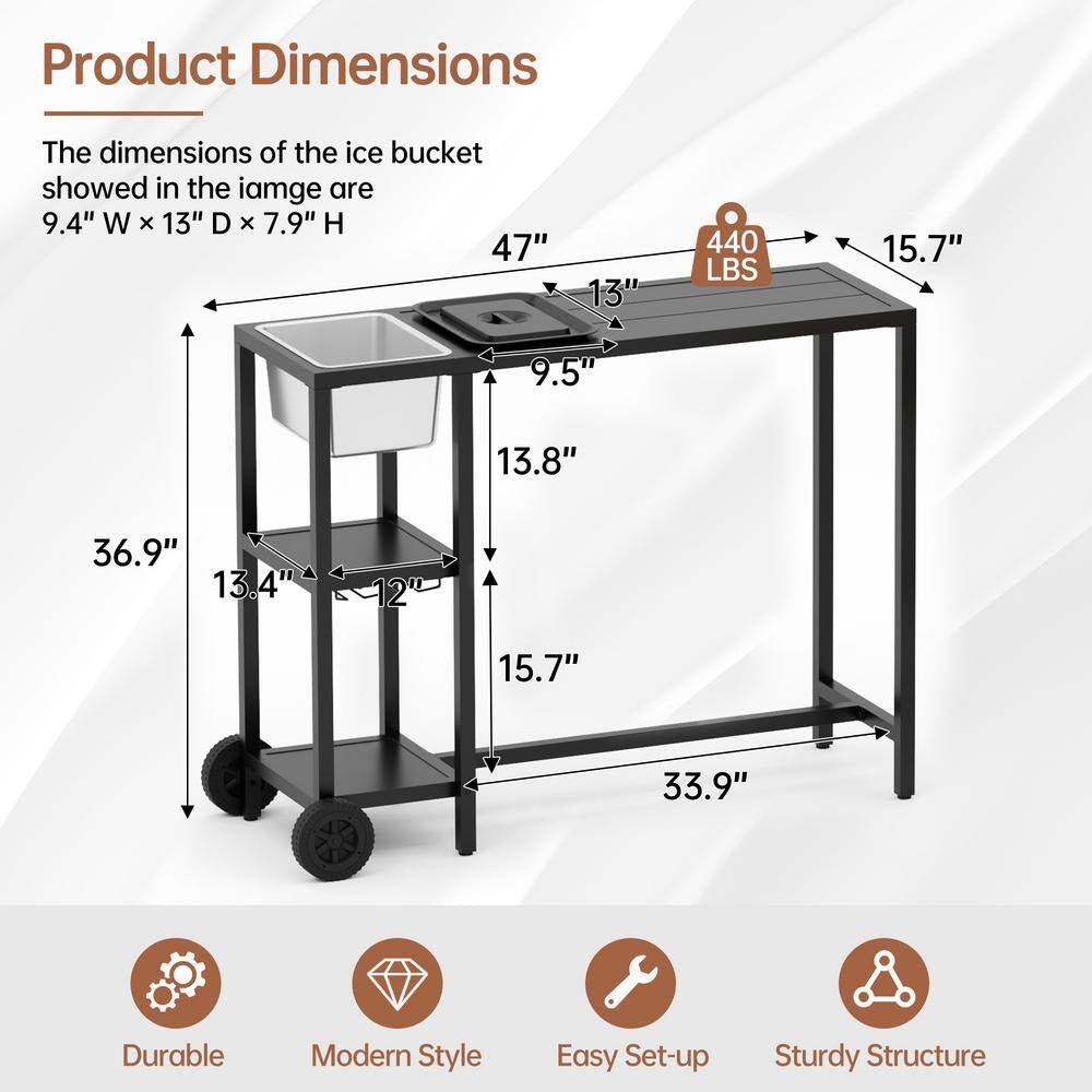 47 In. Outdoor Rectangular Metal Bistro Table Patio Counter Height Bar Table with Wheels