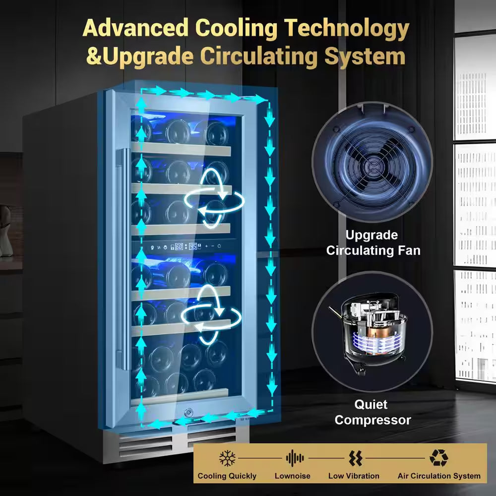 15" Dual Zone 30-Bottle Cellar Cooling Unit Built-In and Freestanding Wine Cooler in Blue LED 2 Handles Stainless Steel