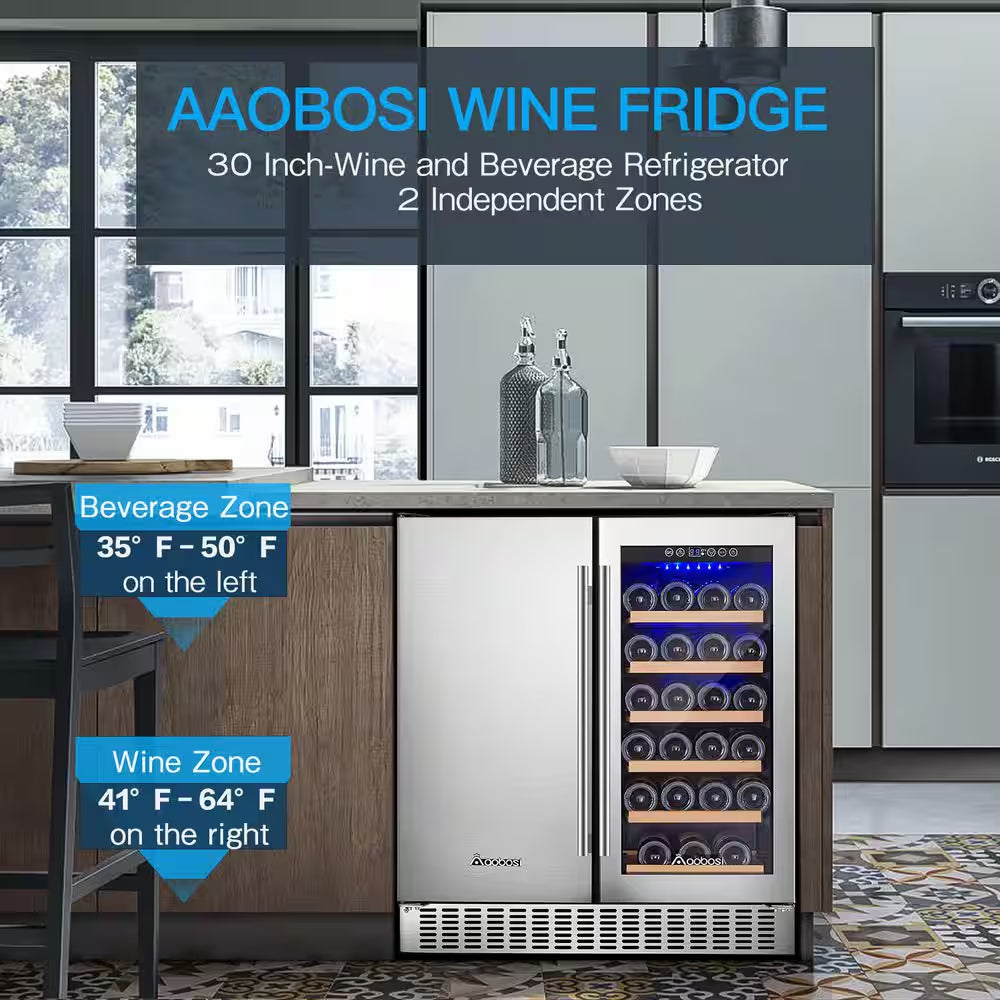 30 In. Dual Zone 28-Wine Bottles and 80-Cans Built-In or Freestanding Beverage and Wine Cooler in Stainless Steel
