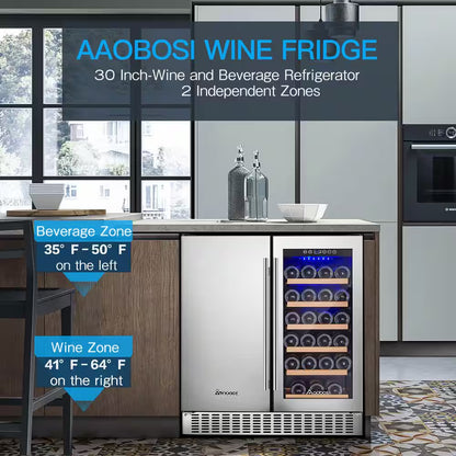 30 In. Dual Zone 28-Wine Bottles and 80-Cans Built-In or Freestanding Beverage and Wine Cooler in Stainless Steel