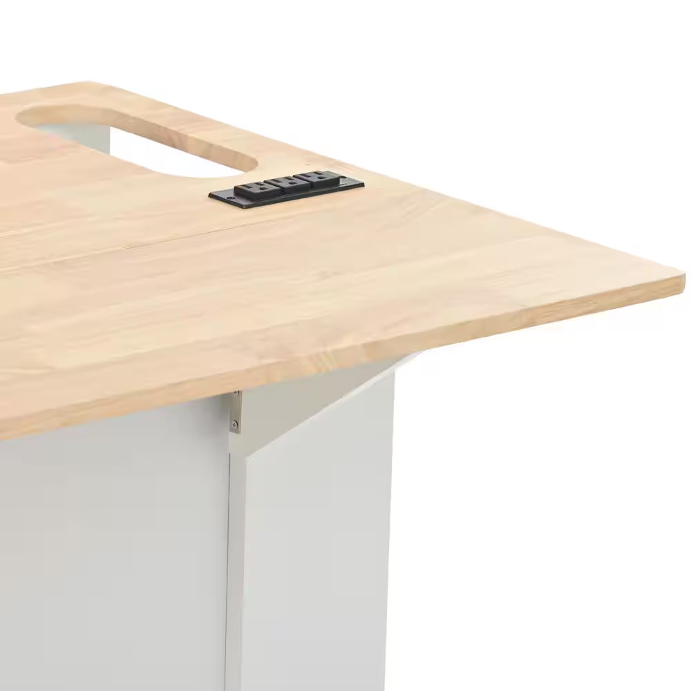 White Rubberwood Tabletop Drop Leaf 39.8 In. Kitchen Island Cart with Power Outlet Open Storage and Wine Rack