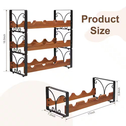 12-Bottle Black and Brown Countertop Wine Rack, Stackable Wine Organizer, 3-Tier Freestanding Wine Bottle Holder