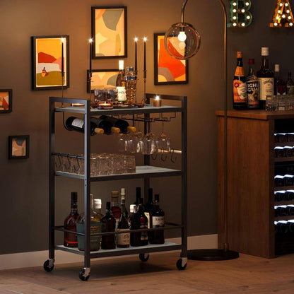 3-Tier Greige Metal Serving Cart with Wood Shelf, Hooks, Wine Rack and Glass Holder