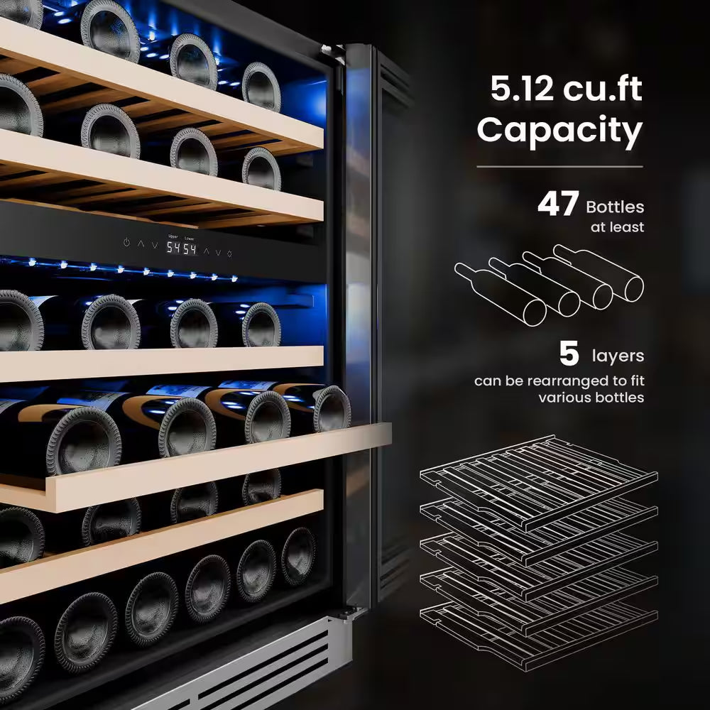 48 In. Triple Zone 46-Wine Bottles 140-Cans Beverage and Wine Cooler Side-By-Side Refrigerators Built-In Fridge in Black